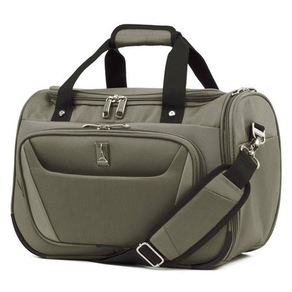 A slate green Travelpro® Maxlite® 5 Soft Tote with black straps and multiple zippered compartments is shown. The compact travel tote features dual handles, an adjustable shoulder strap, and a front pocket, making it ideal as an under-seat carry-on.
