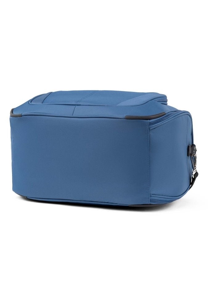 Bottom view of a blue rectangular Travelpro® Maxlite® 5 Soft Tote with black corner protectors and a side handle, designed as an under-seat carry-on.