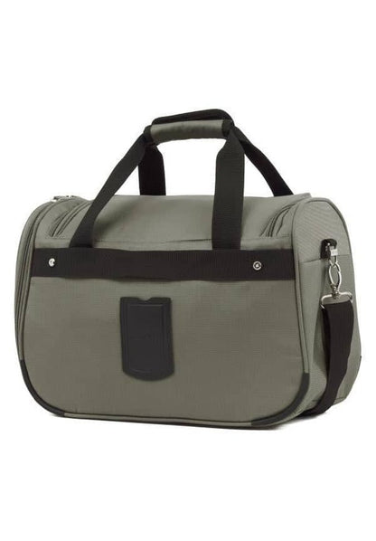 A compact, grey, cylindrical Travelpro® Maxlite® 5 Soft Tote featuring black handles, a shoulder strap, and a front zipper pocket. Perfect as an under-seat carry-on.