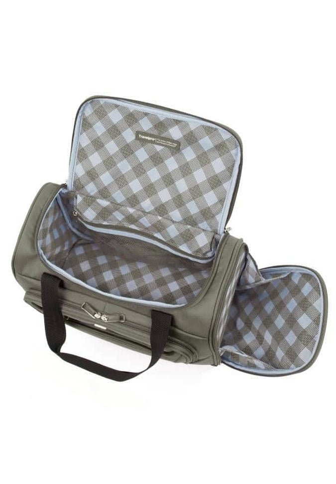 Unveil the Travelpro® Maxlite® 5 Soft Tote in olive-green with sleek black handles, showcasing a stylish checkered interior pattern and numerous compartments. This compact travel tote is ideal for use as an under-seat carry-on.