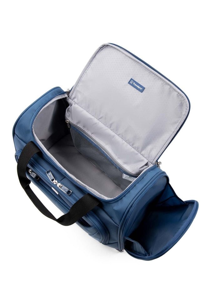 A blue Travelpro® Maxlite® 5 Soft Tote features an open top compartment, a zipper pocket inside the lid, black handles, and an open side pocket displaying grey interior lining. This under-seat carry-on from Travelpro combines style and practicality for any traveler.