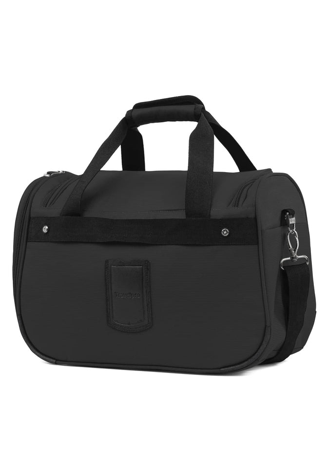 A Travelpro® Maxlite® 5 Soft Tote in black, featuring two handles, a detachable shoulder strap, and a front pocket—ideal as an under-seat carry-on.