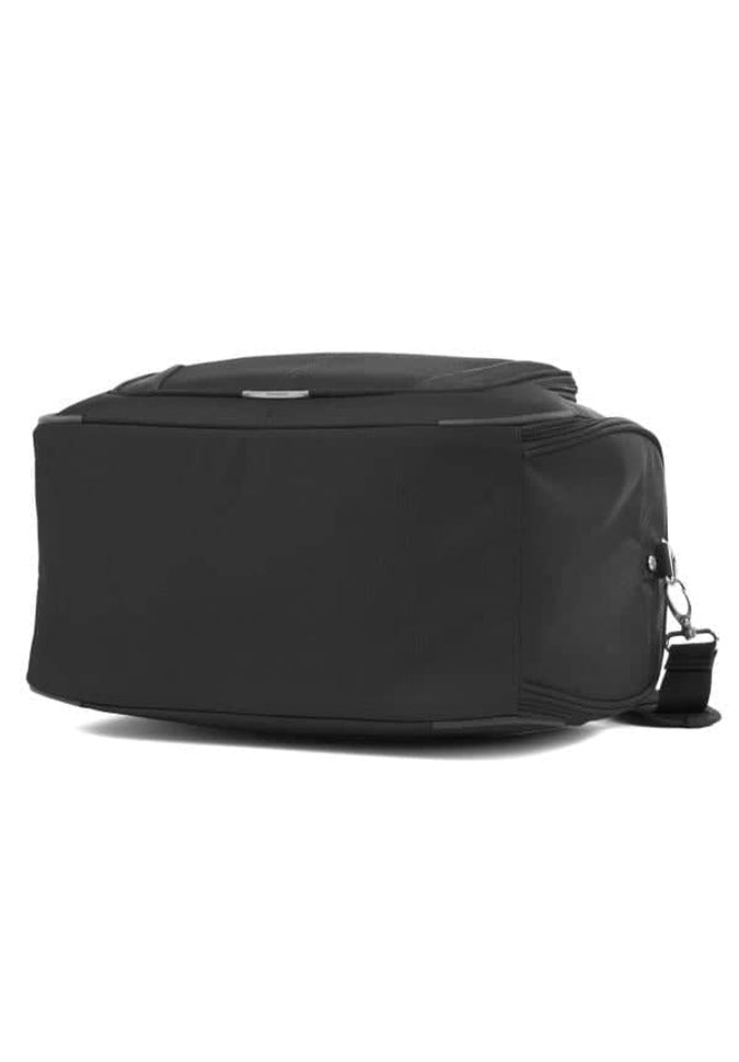 A black rectangular Travelpro® Maxlite® 5 Soft Tote, featuring a top handle and side zipper pocket, ideal as an under-seat carry-on, placed on a white background.