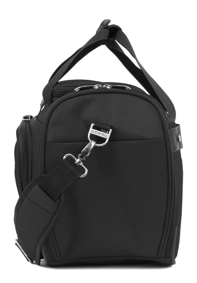 The Travelpro® Maxlite® 5 Soft Tote from Travelpro is a black shoulder bag featuring two handles, a detachable shoulder strap, and multiple compartments, including a front zipper. This compact travel bag fits perfectly as an under-seat carry-on.