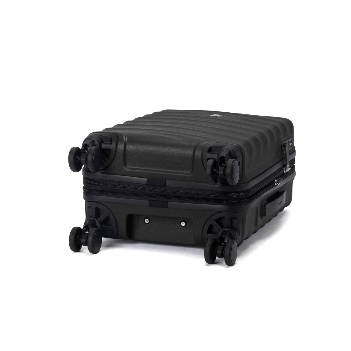 The Travelpro Maxlite Air V2 black hardside spinner carry-on lies flat on a white background.