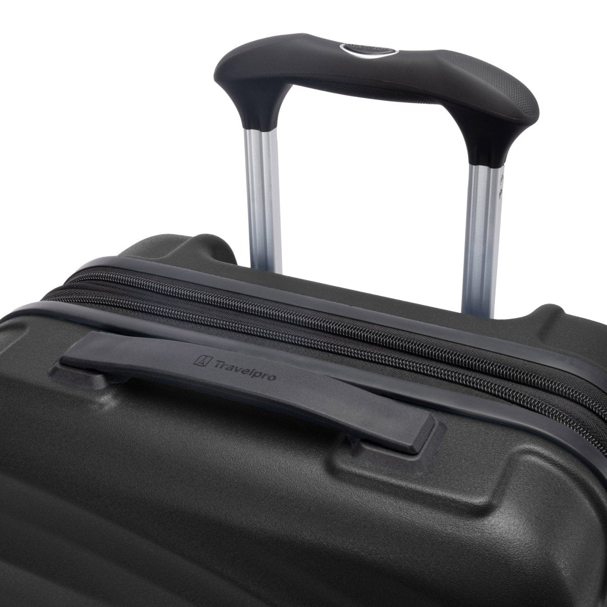 Close-up of Travelpro® Maxlite® Air V2 Compact Hardside Spinner Carry-on with extended handle and zipper.