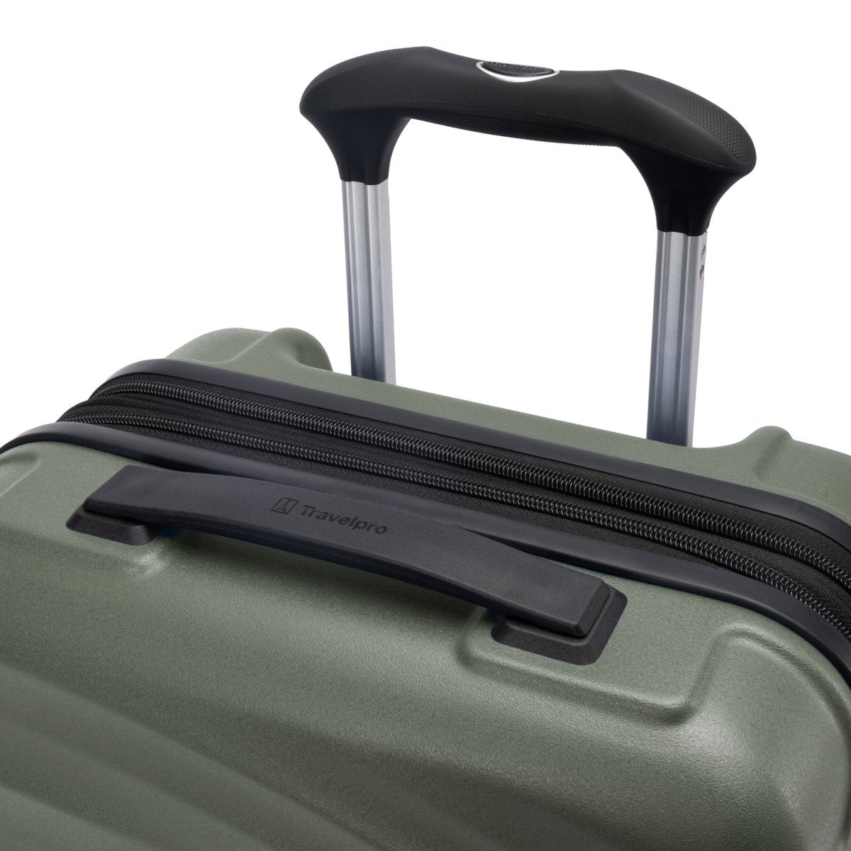 Close-up of the Travelpro Maxlite Air V2 green hardside spinner carry-on with extended telescopic handle.