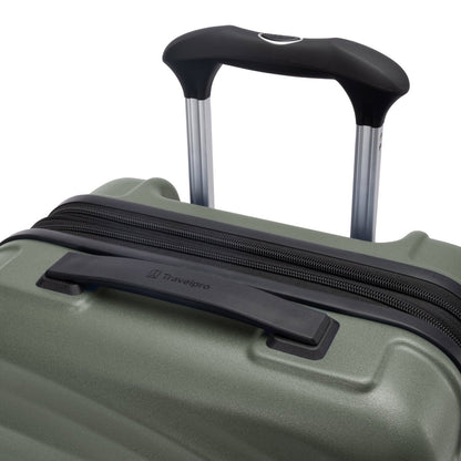 Close-up of the Travelpro Maxlite Air V2 green hardside spinner carry-on with extended telescopic handle.