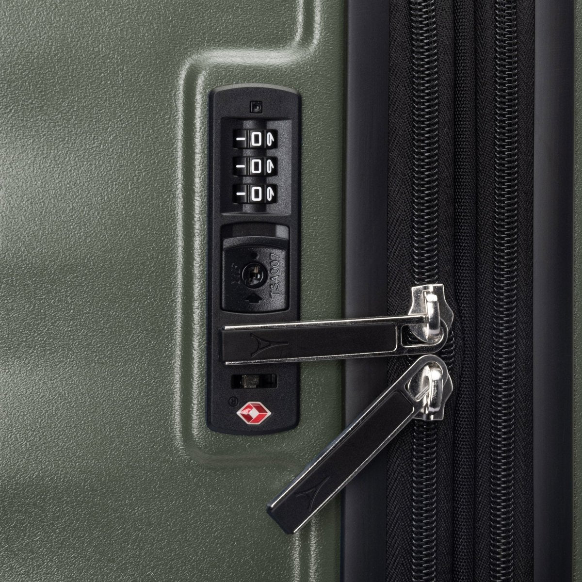 Close-up of the Travelpro Maxlite Air V2 carry-on's zipper secured with built-in TSA-approved lock.