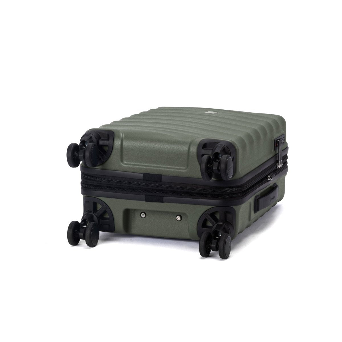 Travelpro Maxlite Air V2 olive green hardside carry-on with four double wheels and sleek black zipper.