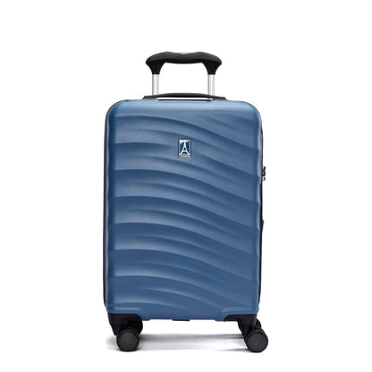 Travelpro® Maxlite® Air V2 blue hardside carry-on spinner with four wheels and telescopic handle, shown on white.