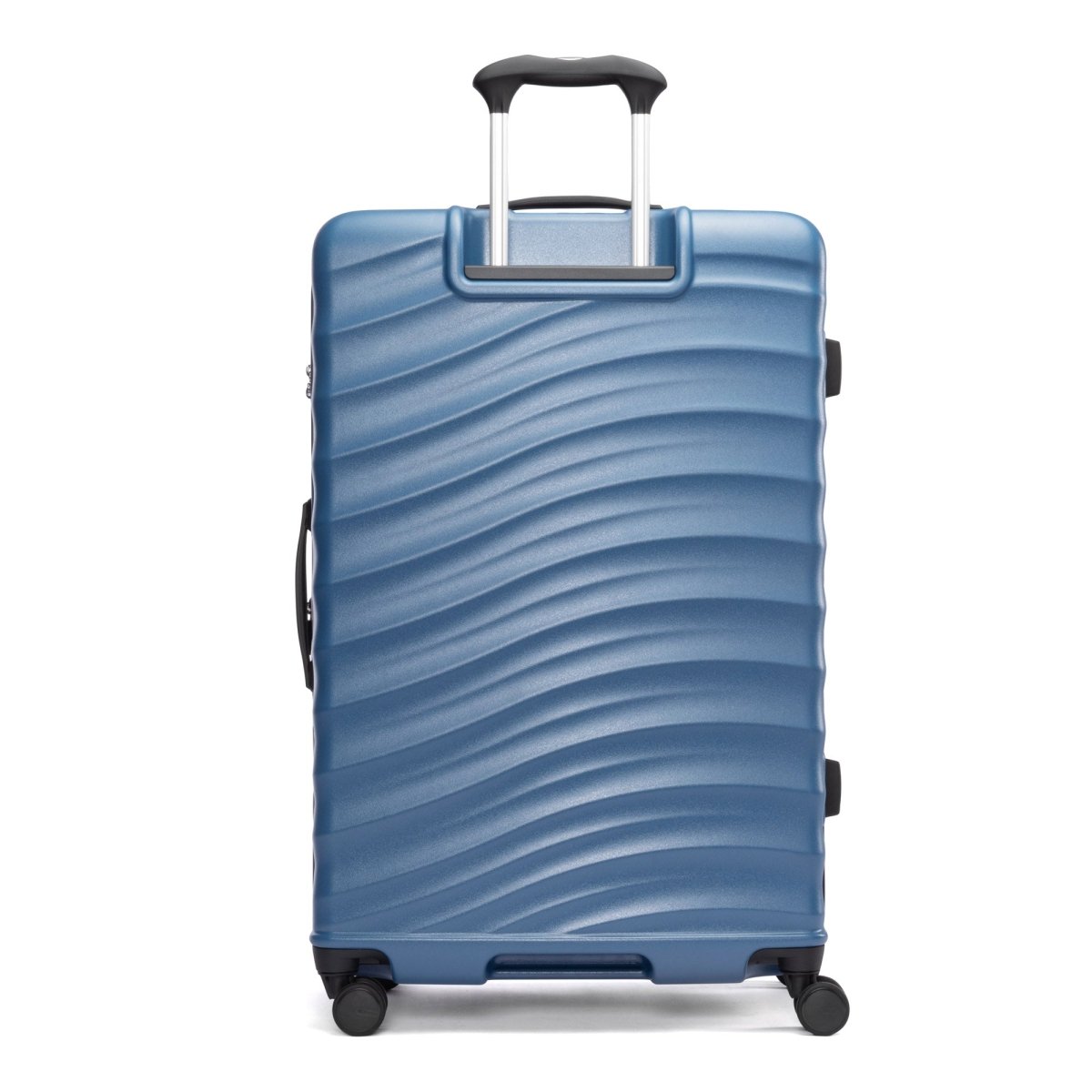 The Travelpro® Maxlite® Air V2 blue large hardside spinner has a wavy pattern, telescopic handle, and 4 wheels.