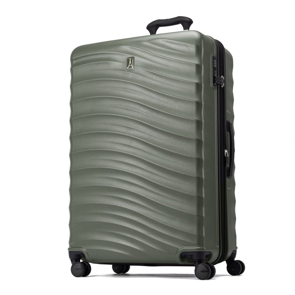 Travelpro Maxlite Air V2 large check-in hardside spinner, olive green, with four wheels and telescopic handle.