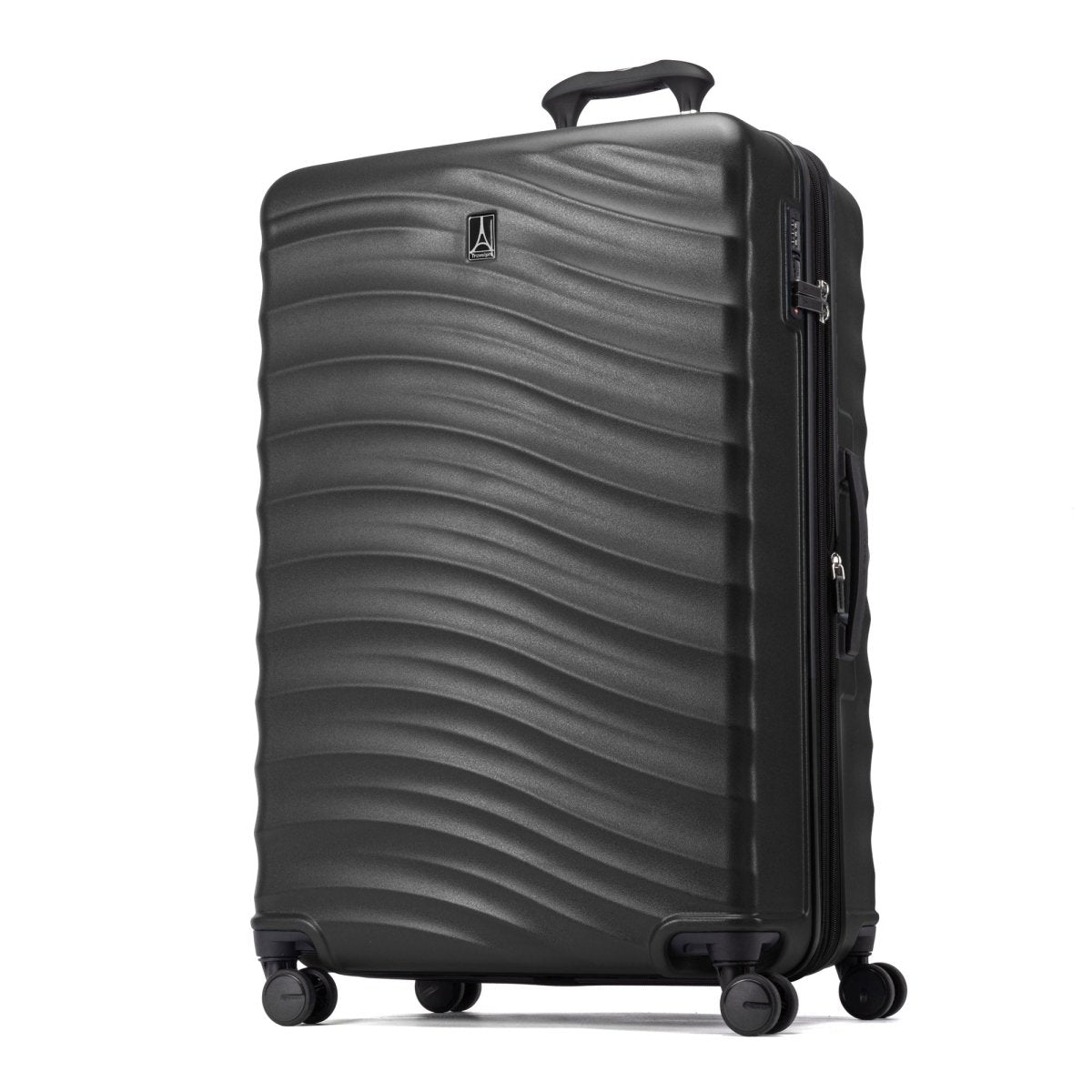 The Travelpro® Maxlite® Air V2 Large Check-in Hardside Spinner features a wavy black shell and four wheels.