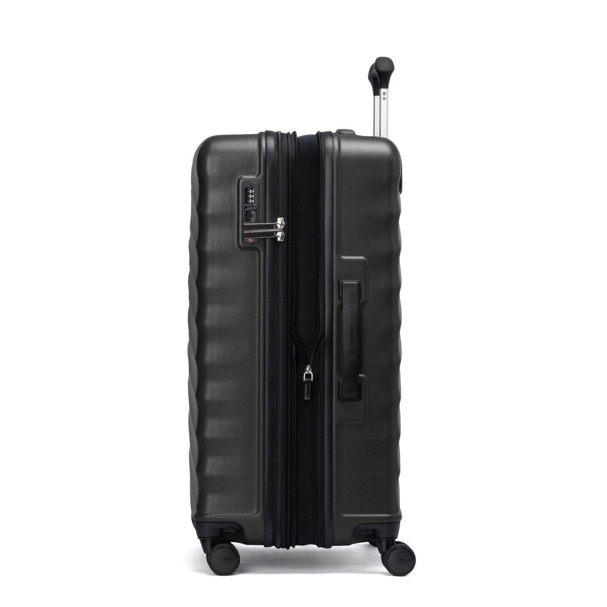 Travelpro® Maxlite® Air V2 Medium Hardside Spinner in black, shown side view with handle and 4 wheels.