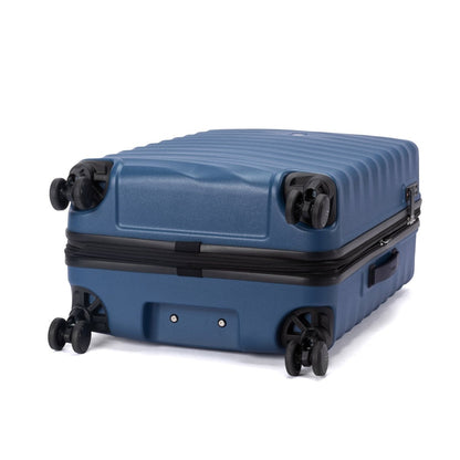 A blue Travelpro® Maxlite® Air V2 Medium hardside spinner suitcase with 4 wheels lies flat, handle hidden.