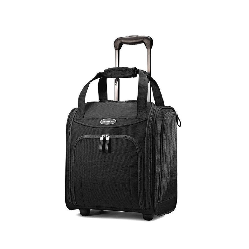 Image showing black luggage piece with silver and black carrying handle extended.