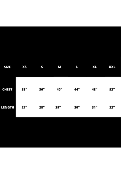 A chart for the "We Heart Winnipeg MB Hockey T-Shirt" by We Heart Winnipeg displays clothing sizes from XS to XXL, with chest measurements in inches: XS 27", S 28", M 40", L 44", XL 31", XXL 52"—perfect for every puck lover's wardrobe.